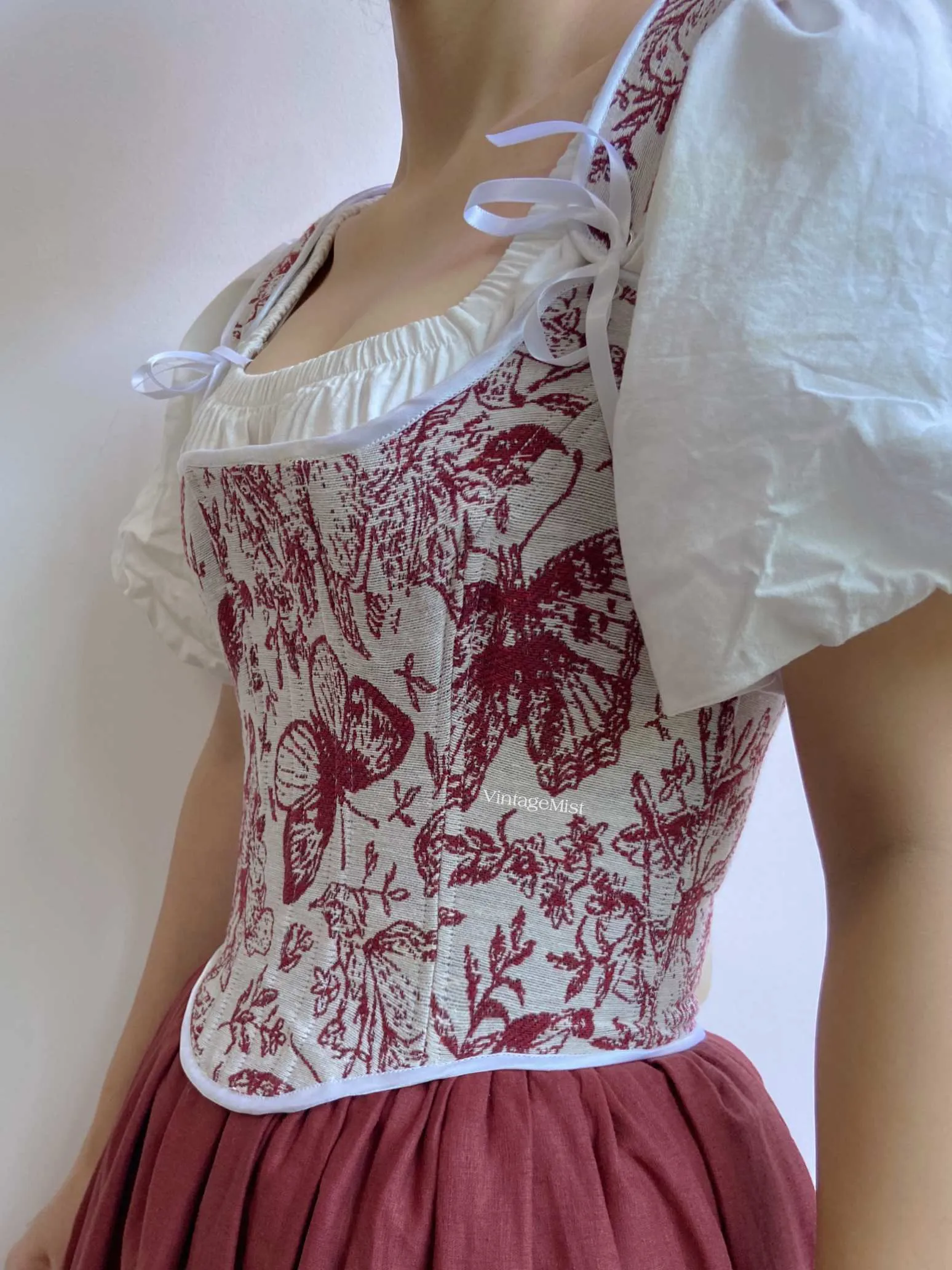 Elegant Wine Red Butterfly Tapestry Boned Corset