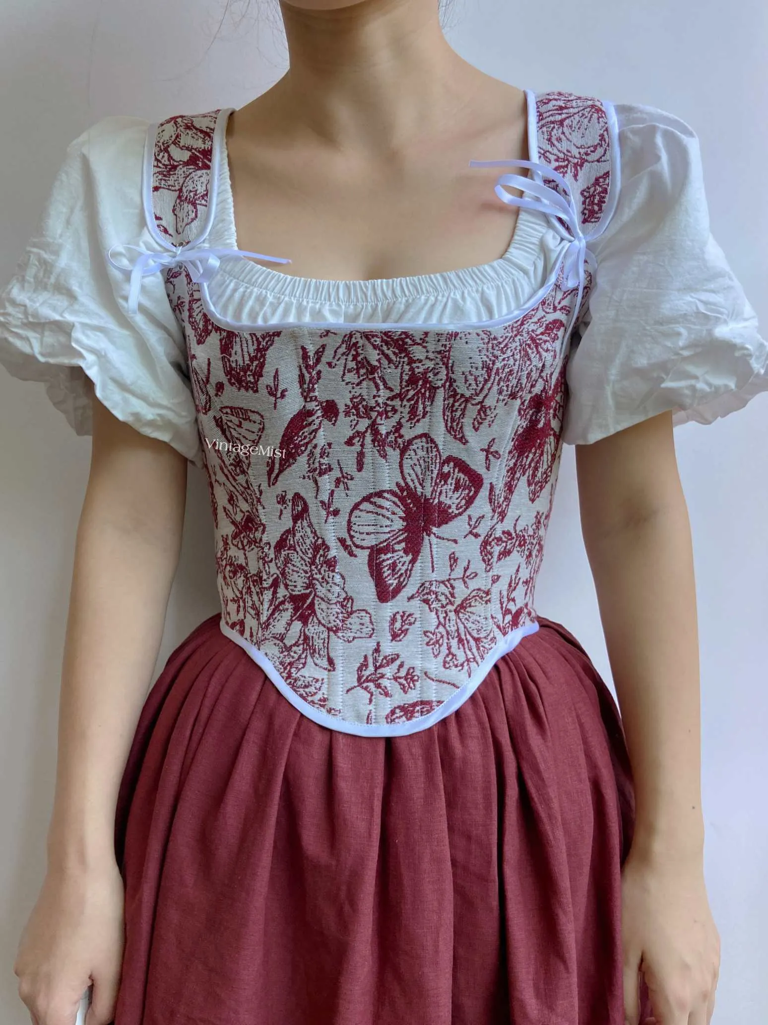 Elegant Wine Red Butterfly Tapestry Boned Corset