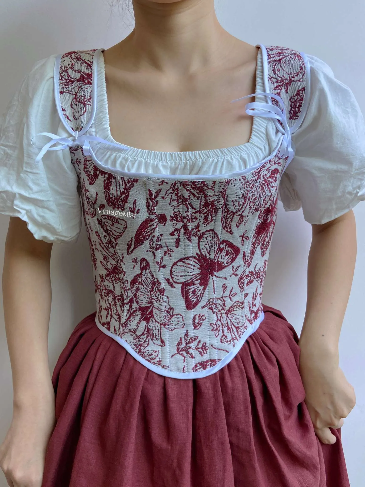 Elegant Wine Red Butterfly Tapestry Boned Corset
