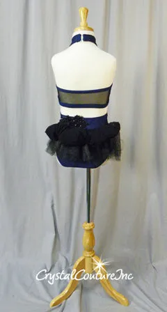 Navy Blue & Black Crop Top & Trunks/Bustle & Appliques - Swarovski Rhinestones