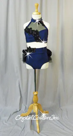 Navy Blue & Black Crop Top & Trunks/Bustle & Appliques - Swarovski Rhinestones