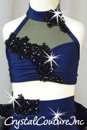 Navy Blue & Black Crop Top & Trunks/Bustle & Appliques - Swarovski Rhinestones