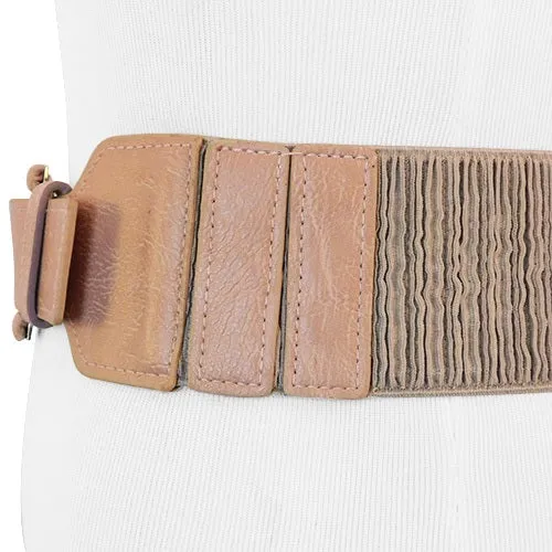Pink Blush Color Faux Leather Wide Stretch Belt with Elongated Horseshoe Belt Buckle