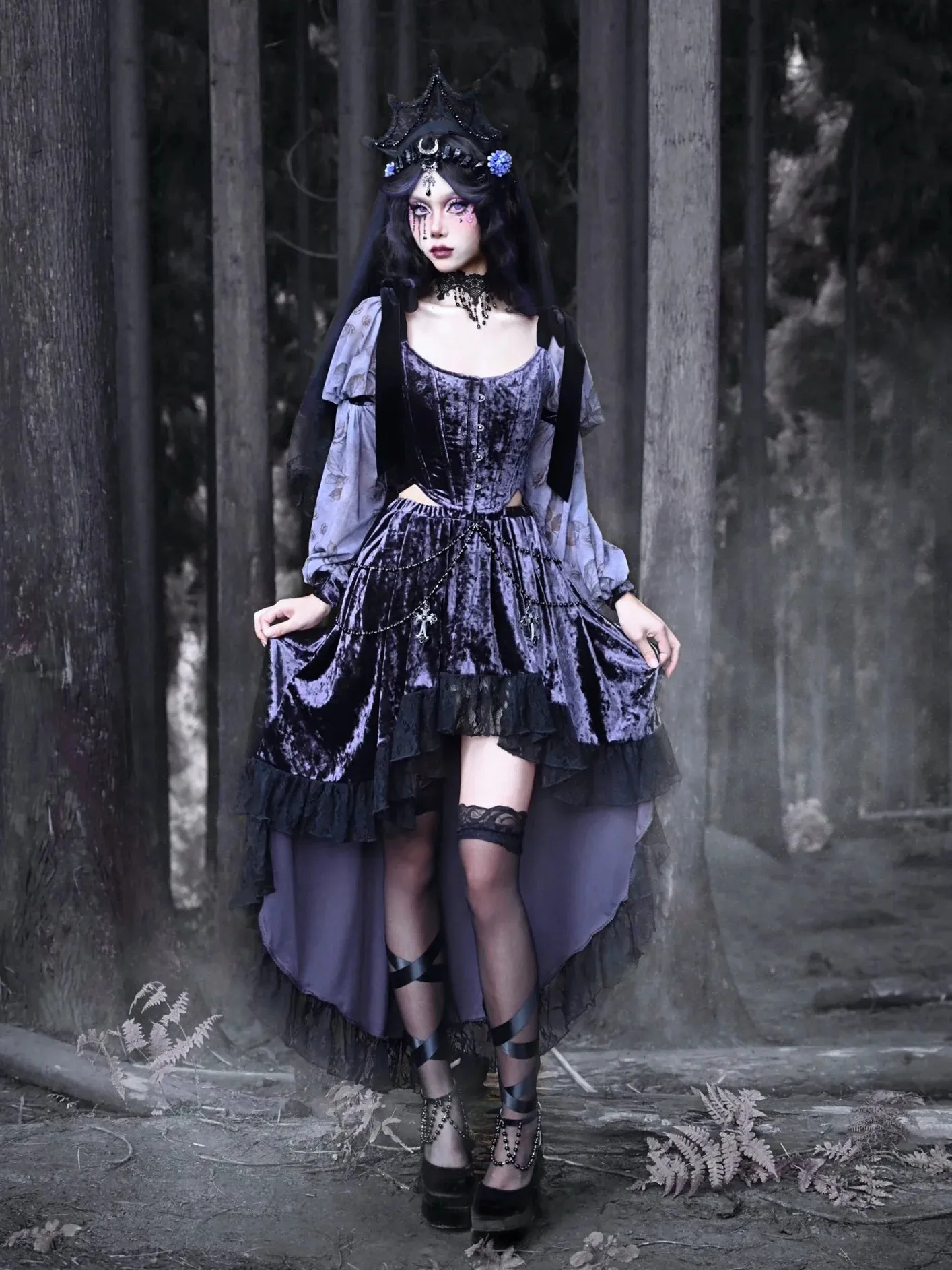 Top Luna Gothic Ribbon Corset Shoulder Velvet