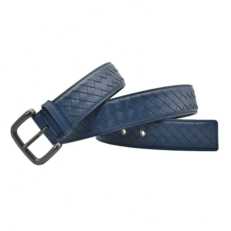 Western Hand Braided Black Coffee Blue Leather Pin Buckle Men Belt