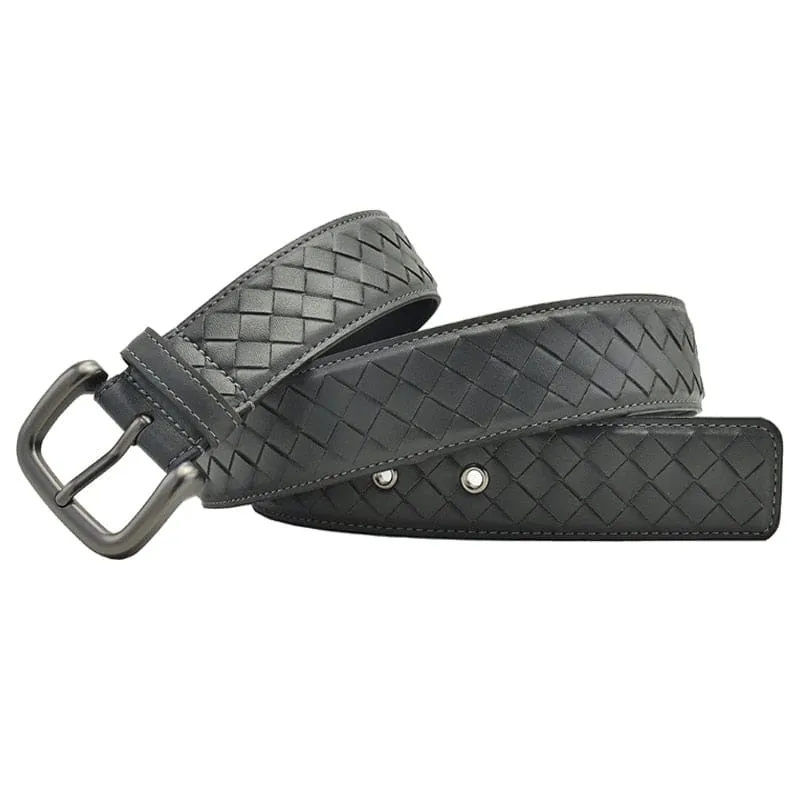 Western Hand Braided Black Coffee Blue Leather Pin Buckle Men Belt
